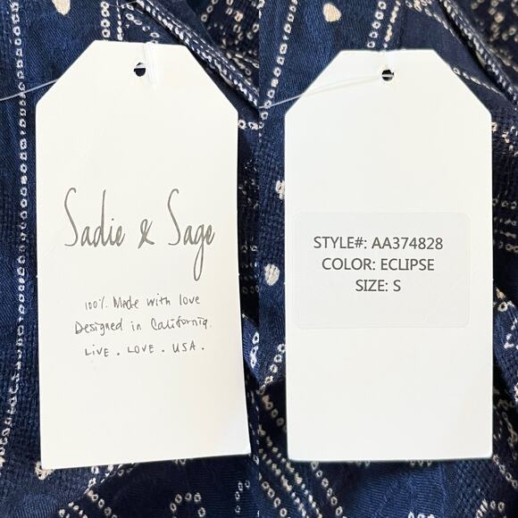 Sadie & Sage Pants Wide Leg Pants Navy Cream Small Lined Belted Boho New - Picture 7 of 13